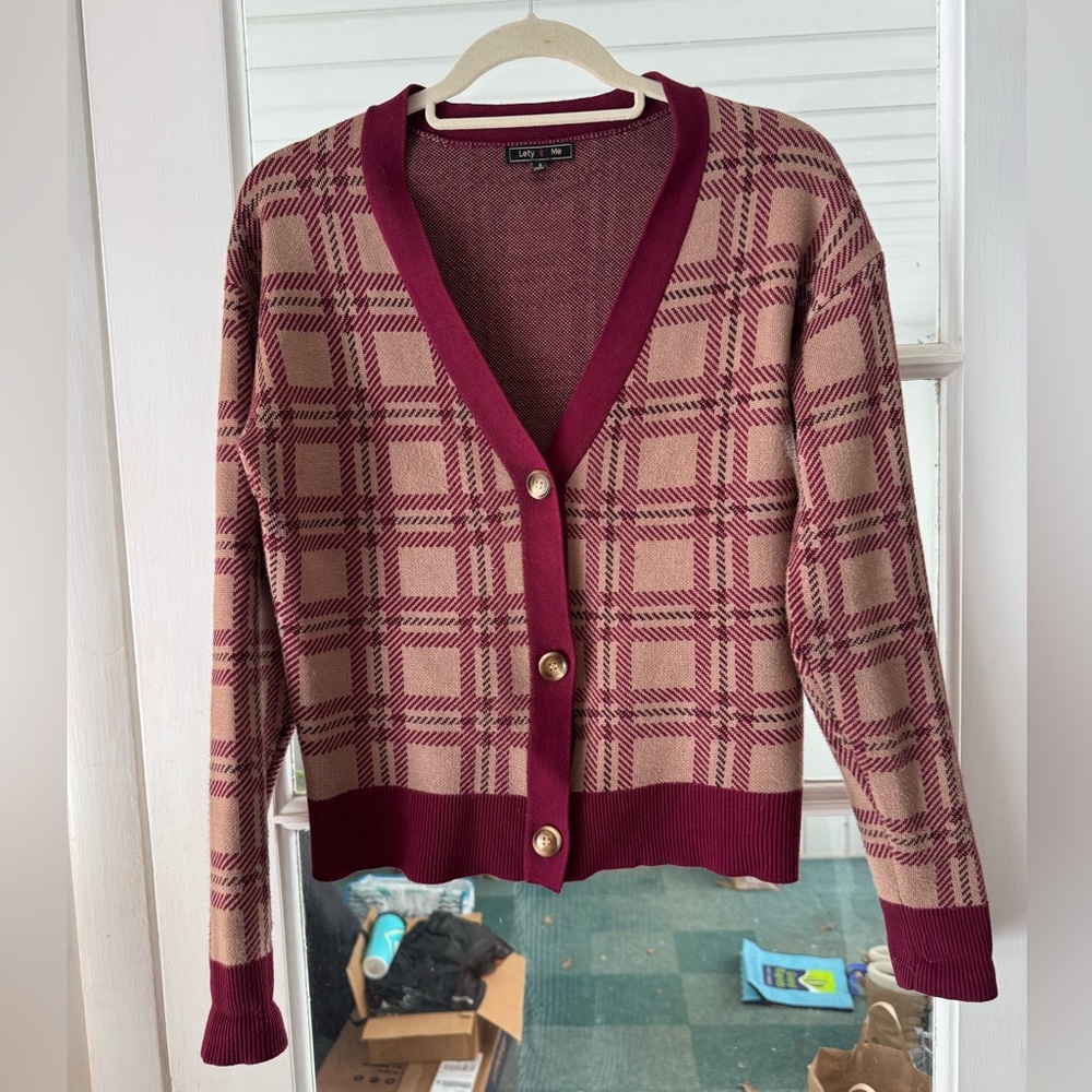 Lety & Me Burgundy and Tan Plaid Cardigan